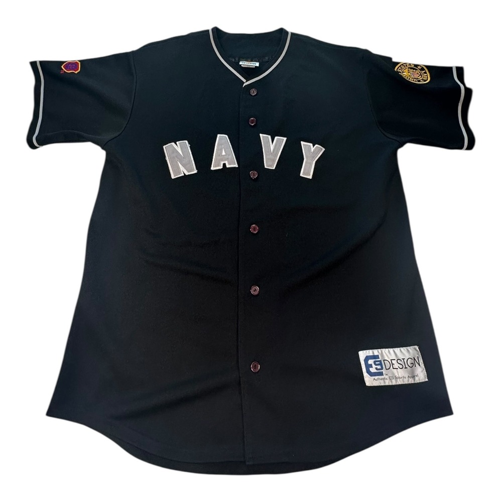 US Navy Baseball Jersey Button Down Adult L‎ Black with Patches